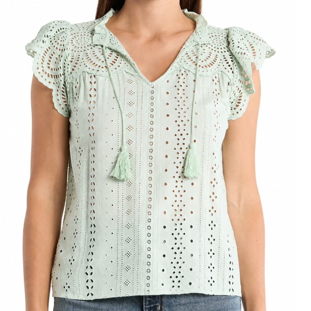 T Tahari Eyelet Top Womens L Silt Green Embroidered Tassel Boho Blouse NWT